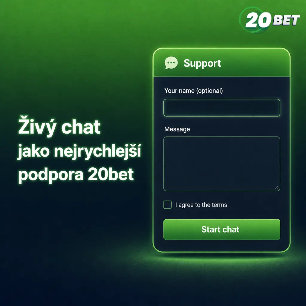 Živý chat podpory 20bet pro rychlé řešení dotazů ohledně registrace, plateb a bonusů online